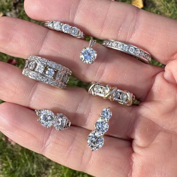 VINTAGE ESTATE LOT Sterling Silver DQ CZ Tennis Bracelet Rings Pendants Earrings - Picture 7 of 17